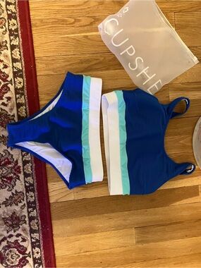 Cupshe Sunny Blue Colorblock Bralette & Banded High Waist Bikini Set M/Royal